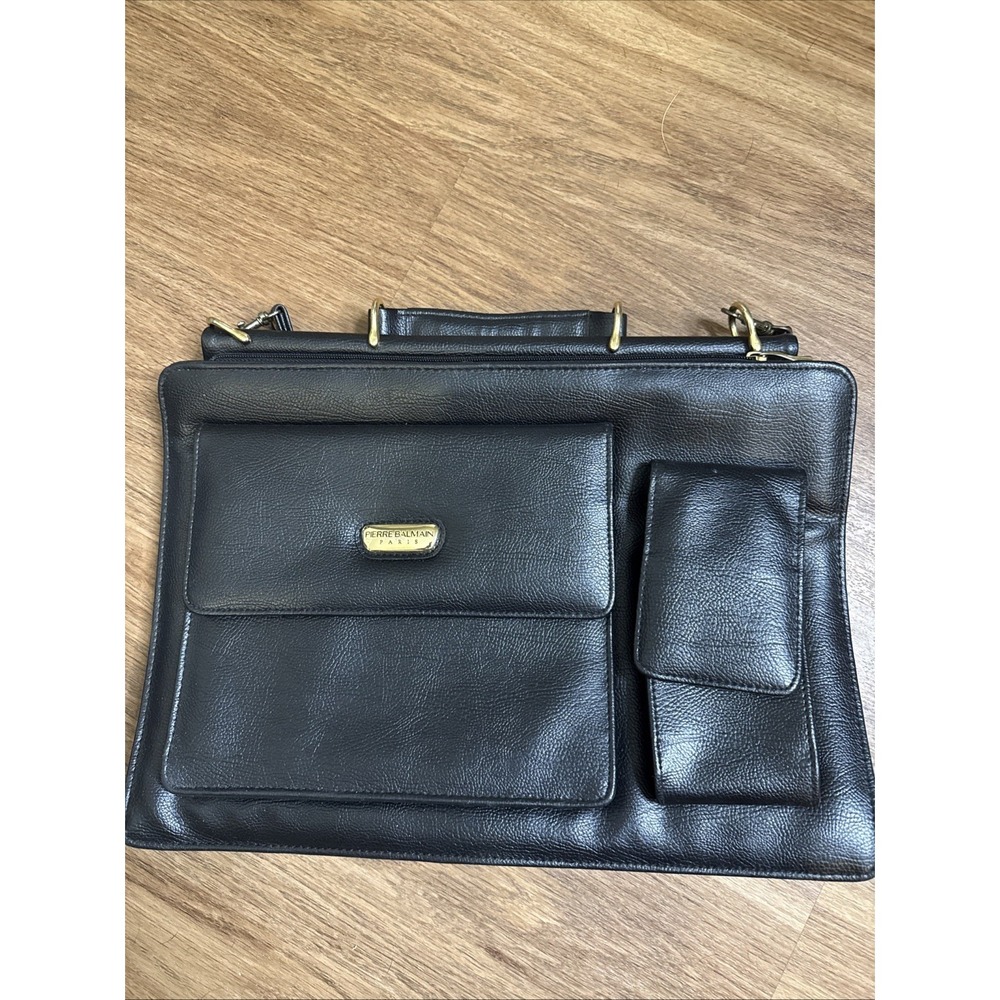 Pierre‎ BALMAIN Paris Vintage Leather Briefcase Black Gold 80s Laptop Bag